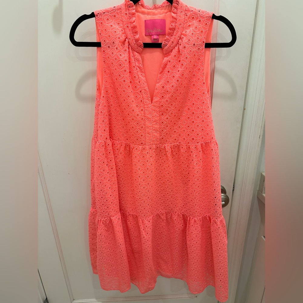 Lilly Pulitzer Sleeveless Swing Dress Tiered Eyelet Embroidery Coral Medium